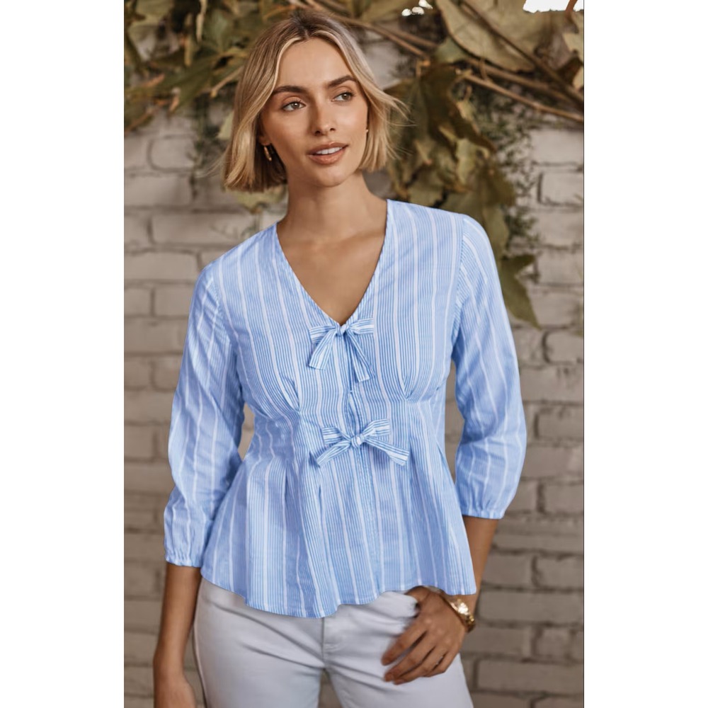 J. Jill Blue White Striped Tie-Front Pleated Cotton Top 2X Womens 3/4‎ Sleeve